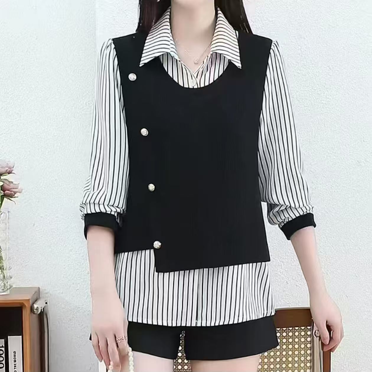假两件条纹显瘦拼色时尚百搭洋气卫衣减龄上衣长袖小衫2511