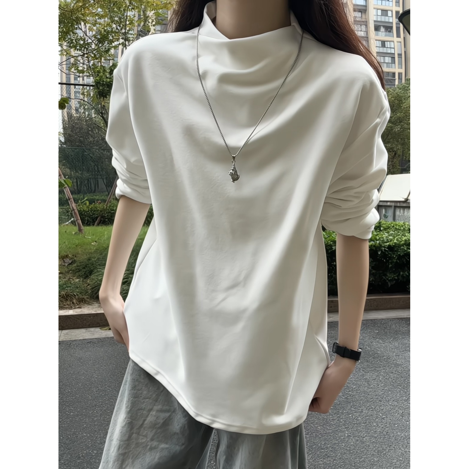 美式德绒交叉领修身长袖T恤男款打底衫秋冬保暖内搭上衣宽松卫衣