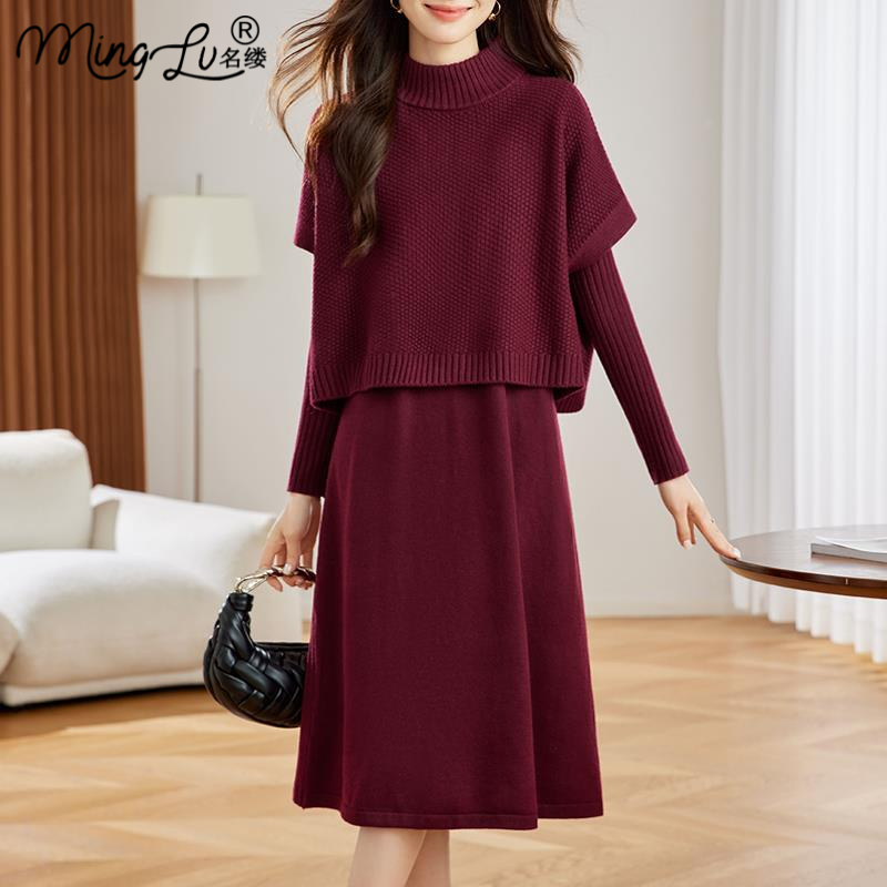 2025新款秋冬高级感气质红色针织连衣裙女配大衣冬裙两件套毛衣裙
