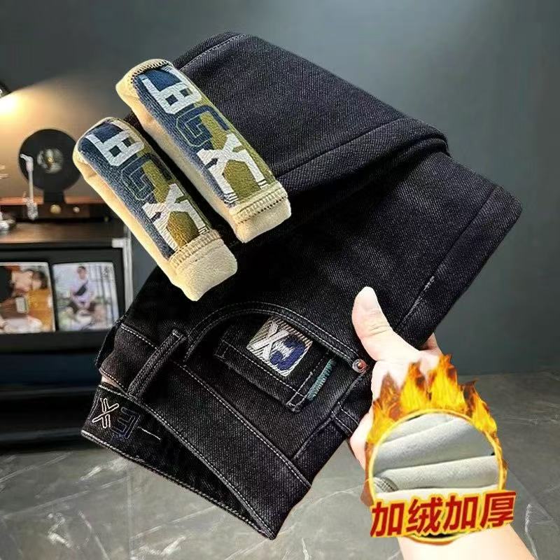 加绒加厚男士牛仔裤男款弹力修身直筒裤秋冬款保暖刺绣印花裤子男