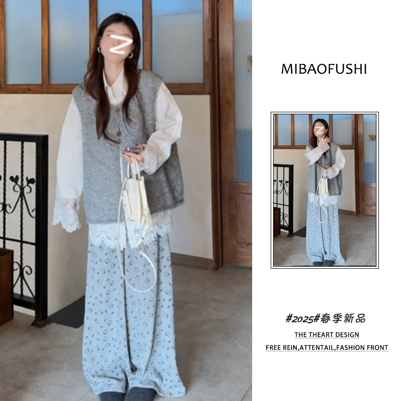 【现货】秋季一整套女2025新款韩系时尚内搭衬衫马甲阔腿裤三件套
