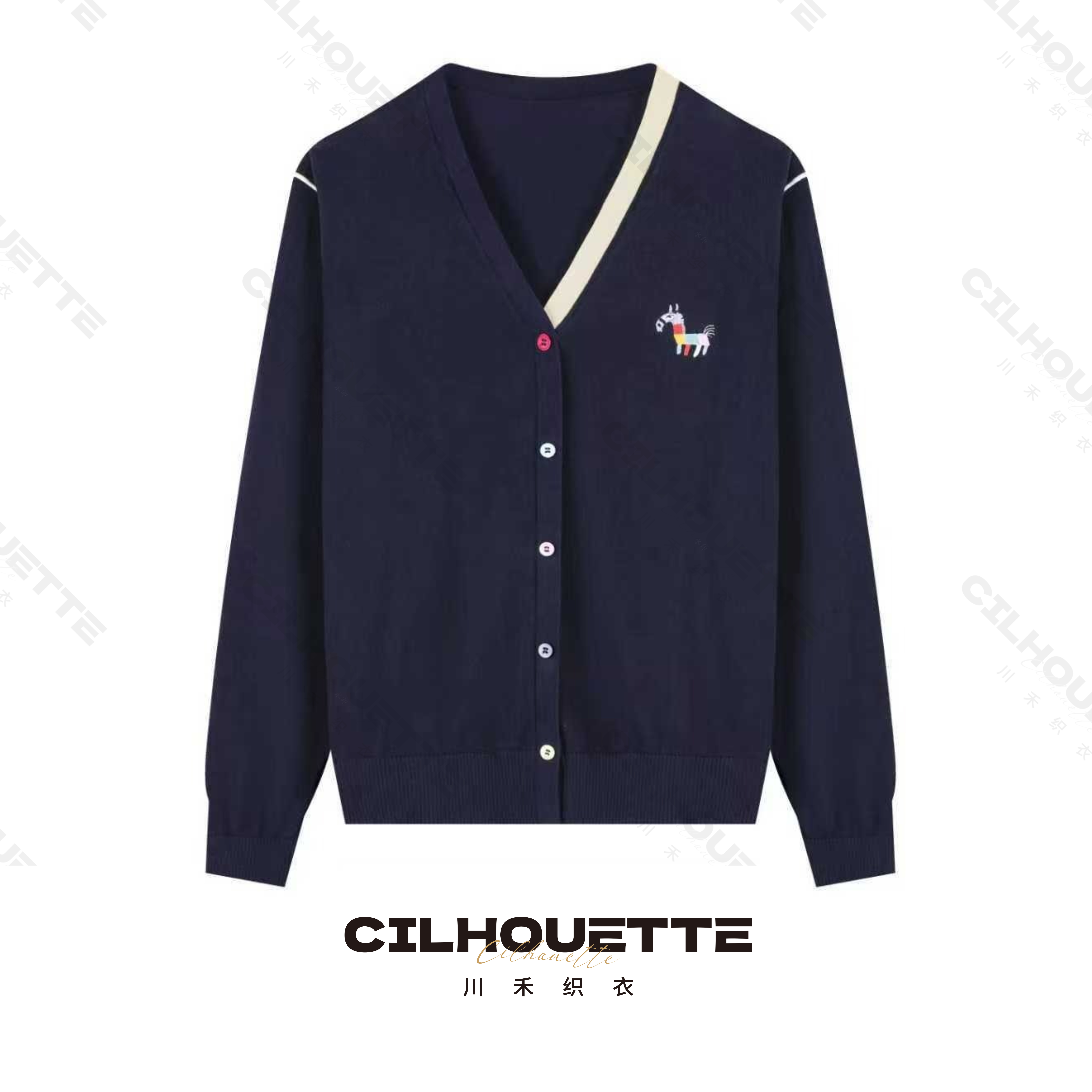 川禾织衣 早秋撞色刺绣小马彩虹扣V领套头100%兰精天丝长袖针织衫