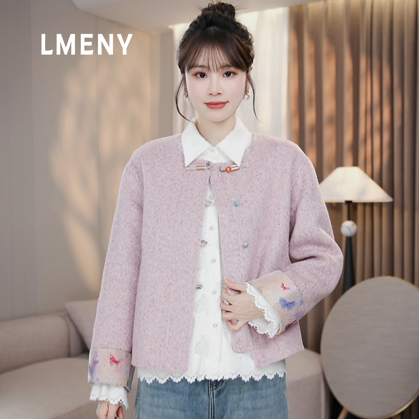 LMENY“流星雨”羊毛大衣女2025年冬季新款短款提花毛呢外套25DW026