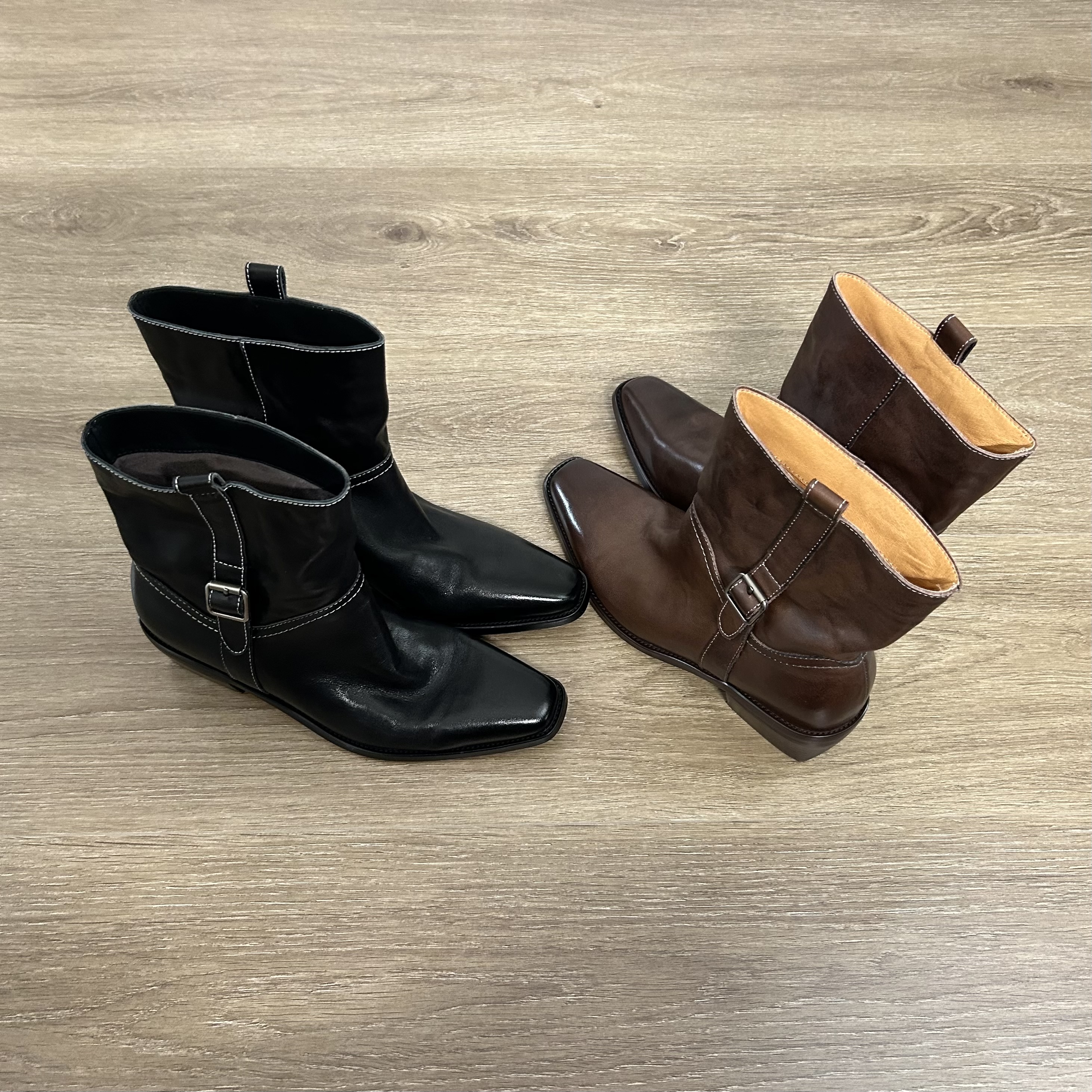 Dannyfrey秋冬复古头层牛皮方头皮带扣装饰可调节气质短靴5CM