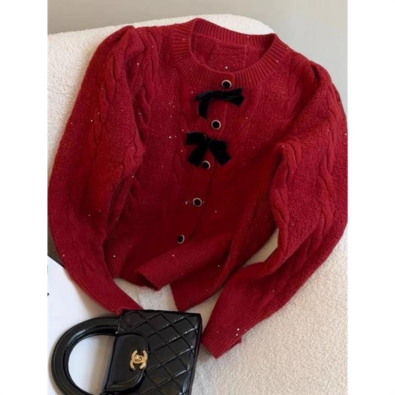 2026春秋新款蝴蝶结时尚毛衣外套女泡泡袖亮丝小香风亮丝针织开衫