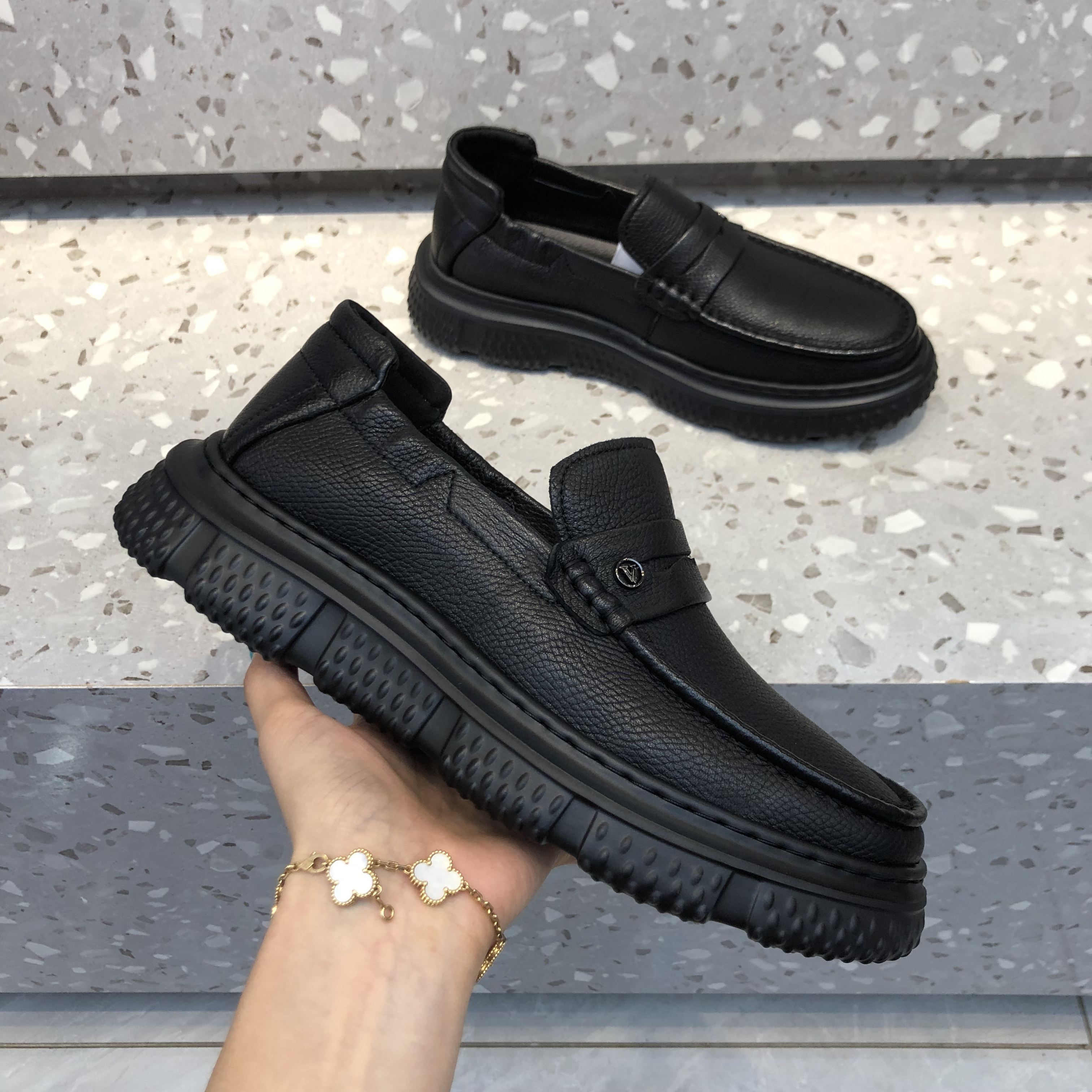 懒人一脚蹬百搭乐福鞋男款厚底舒适单鞋透气黑色真皮休闲皮鞋男士