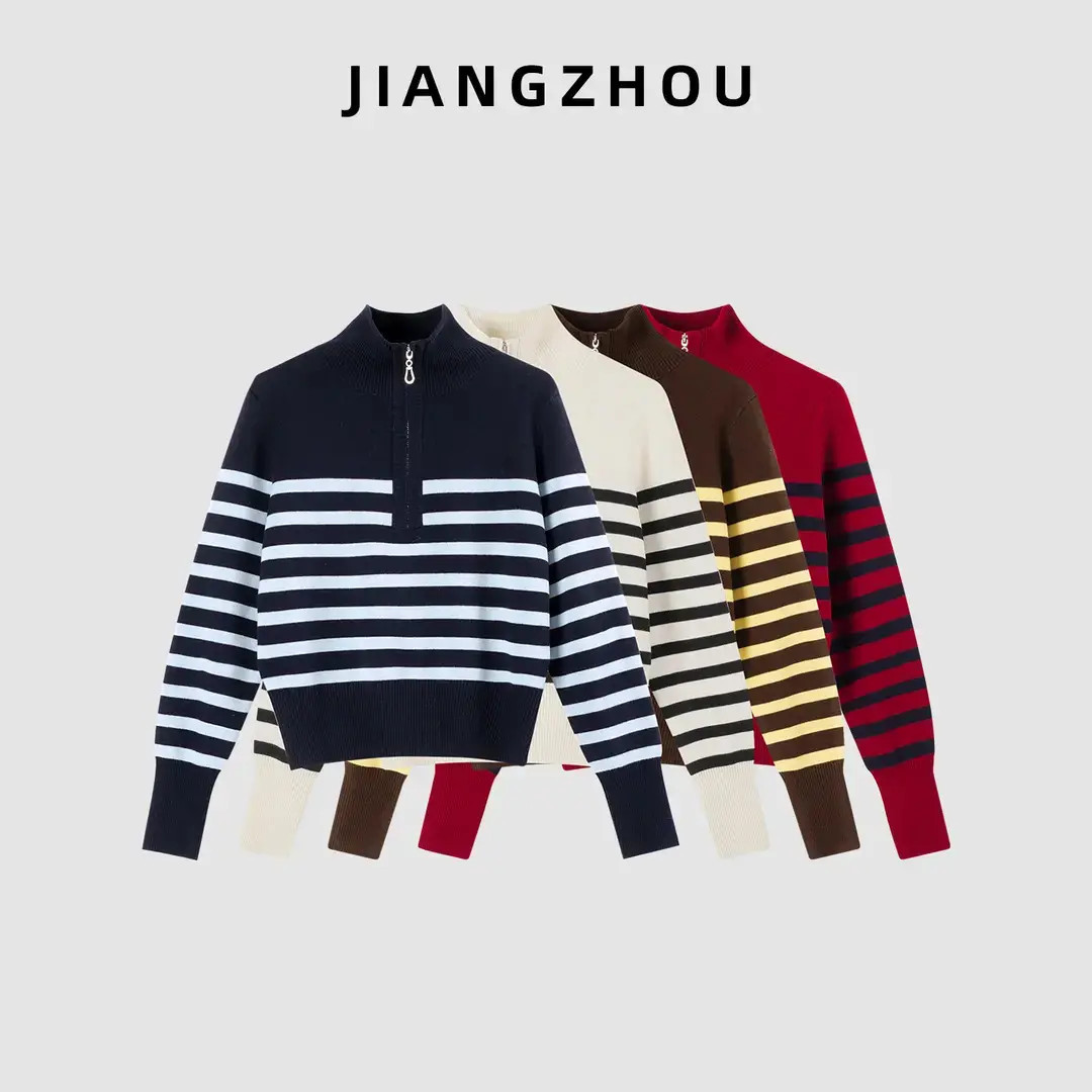 江洲【蓝湖】秋冬新款翻领半拉链条纹撞色减龄款保暖合身羊毛针织衫