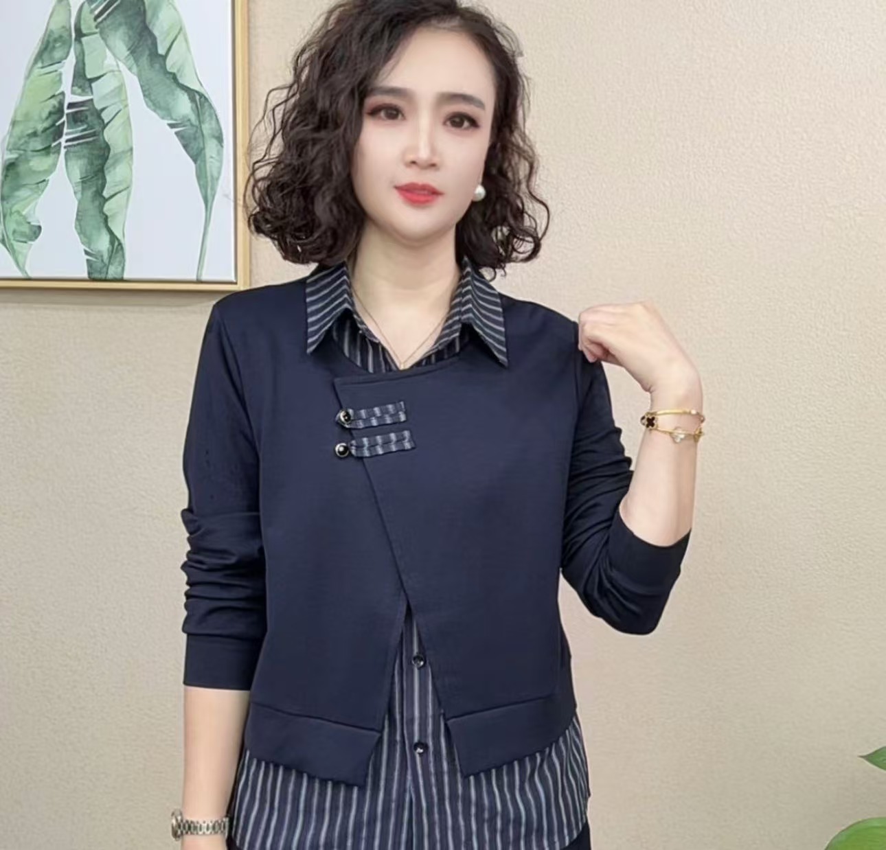 气质翻领女装时尚套装假两件早秋休闲风拼接显瘦洋气长袖#6568