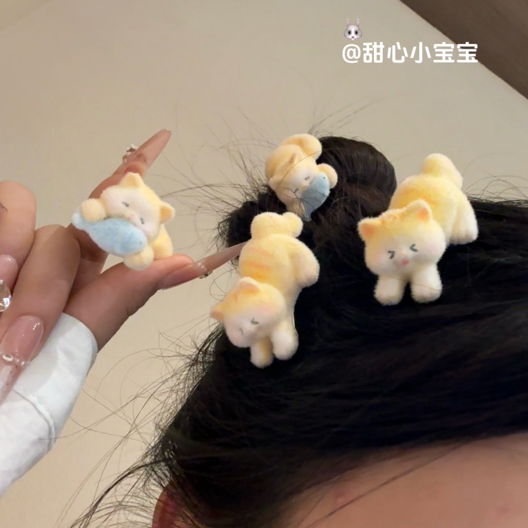 可爱小猫吃鱼发夹植绒可爱少女心侧边刘海夹鸭嘴夹卡通发饰女