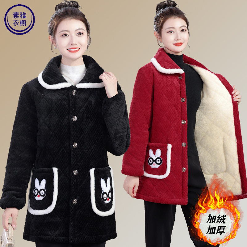 冬季时尚宽松加绒加厚罩衣女中长款休闲外穿棉衣耐脏保暖时尚棉服