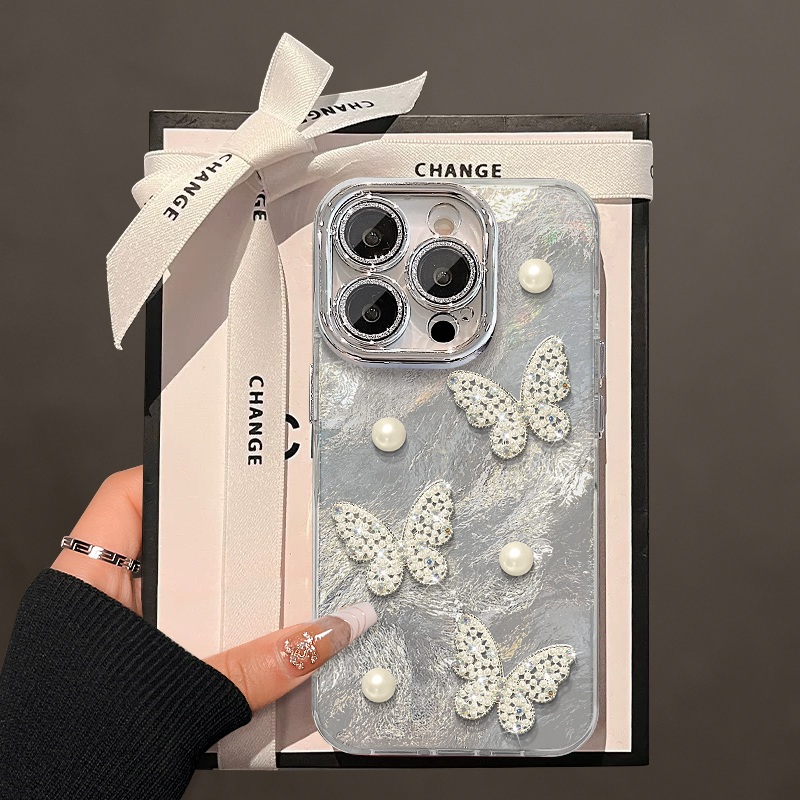 珍珠蝴蝶公仔适用苹果15vivo华为oppo小米iPhone精孔冰川纹手机壳