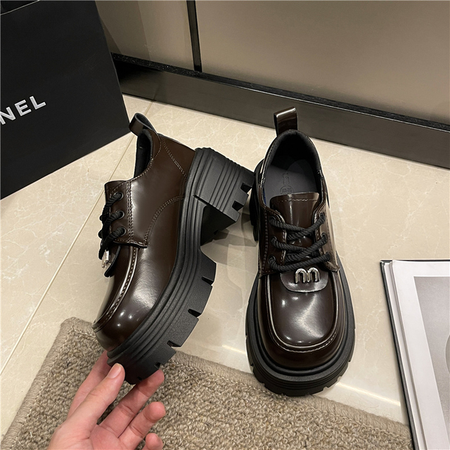 英伦风皮鞋女款2025新款春秋百搭7cm厚底增高乐福鞋黑色秋冬加绒