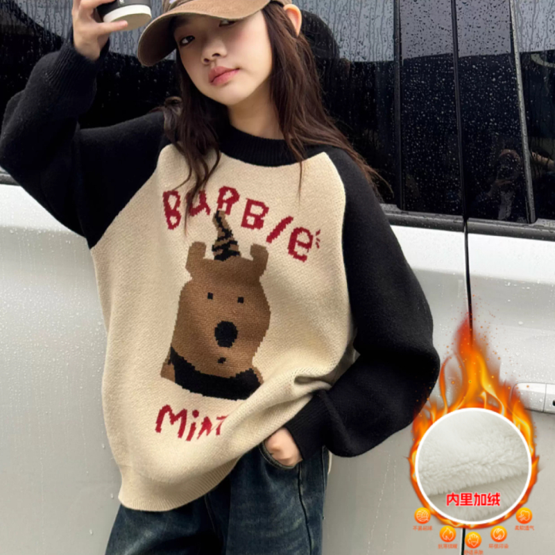 女童加绒加厚针织毛衣2025秋冬款儿童撞色插肩袖冬季打底衫上衣