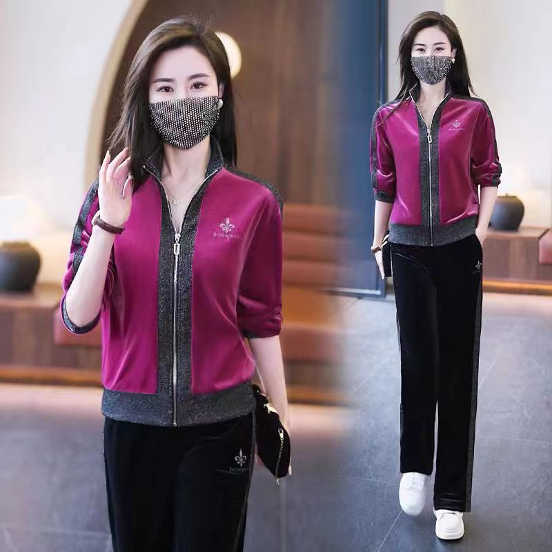 春秋新款洋气质丝绒两件套运动休闲立领开衫外套直筒裤套装女潮