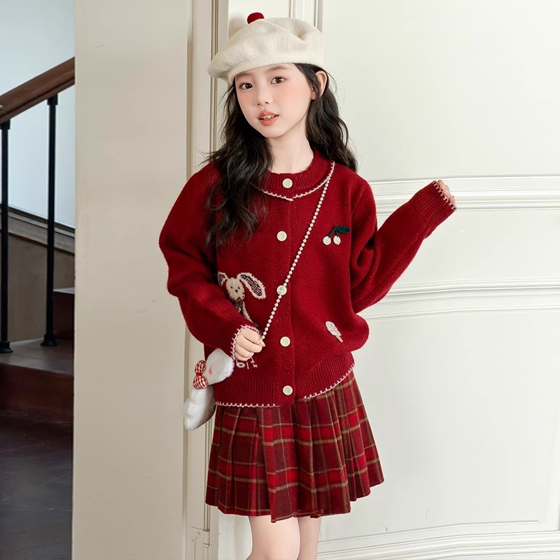 女童毛衣套装秋冬装2025新款儿童可爱风红色针织开衫格子裙两件套