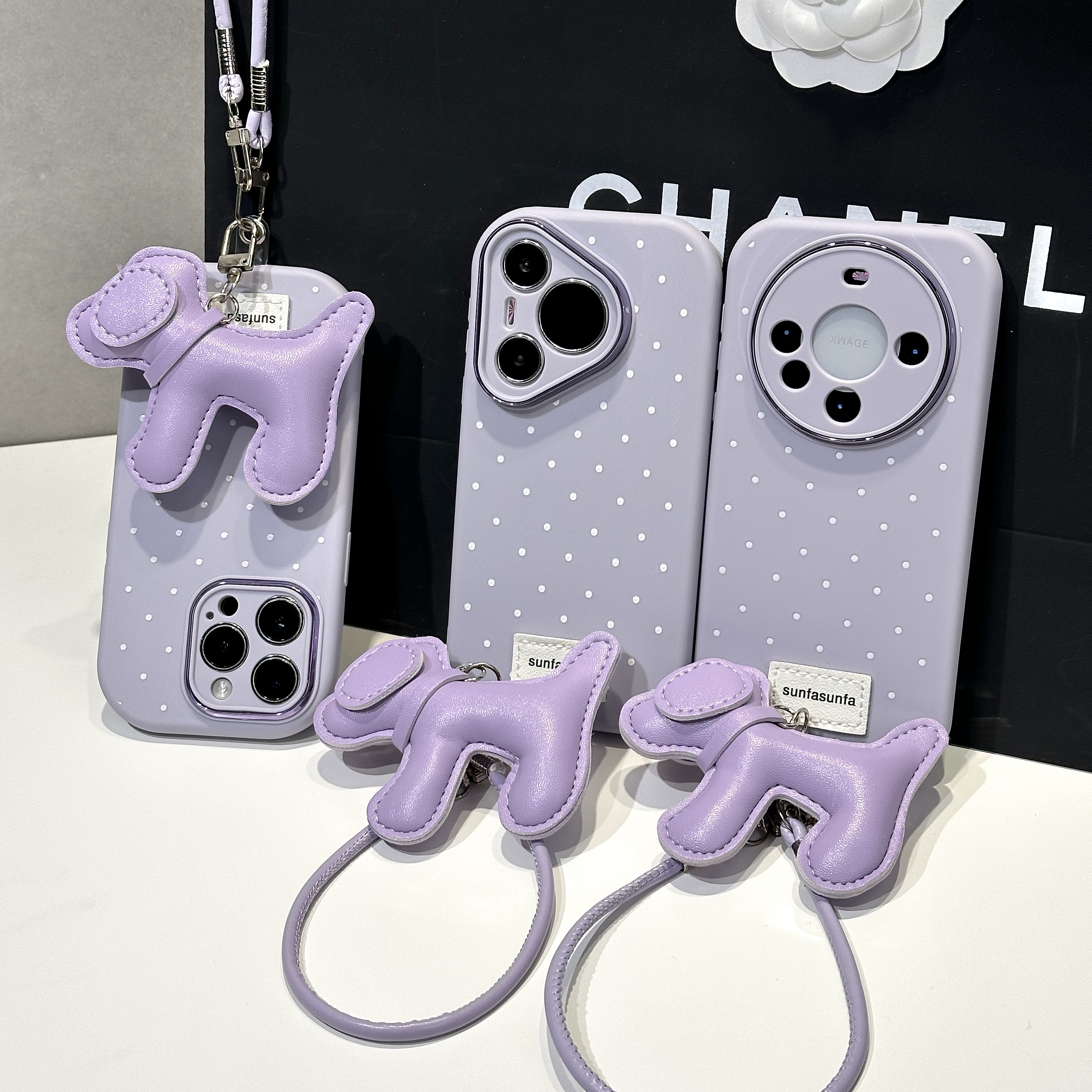 雅天立波点紫色小狗挂绳适用苹果17华为P70手机壳vivoppo小米女15