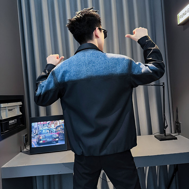 牛仔拼接皮衣外套男款秋冬季2025新款男生衣服高级感渐变色皮夹克