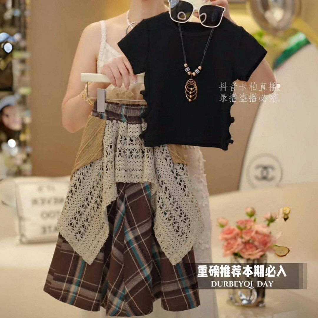 女童夏装套装2025夏季新款中大儿童百搭短袖拼接格子长裙两件套潮