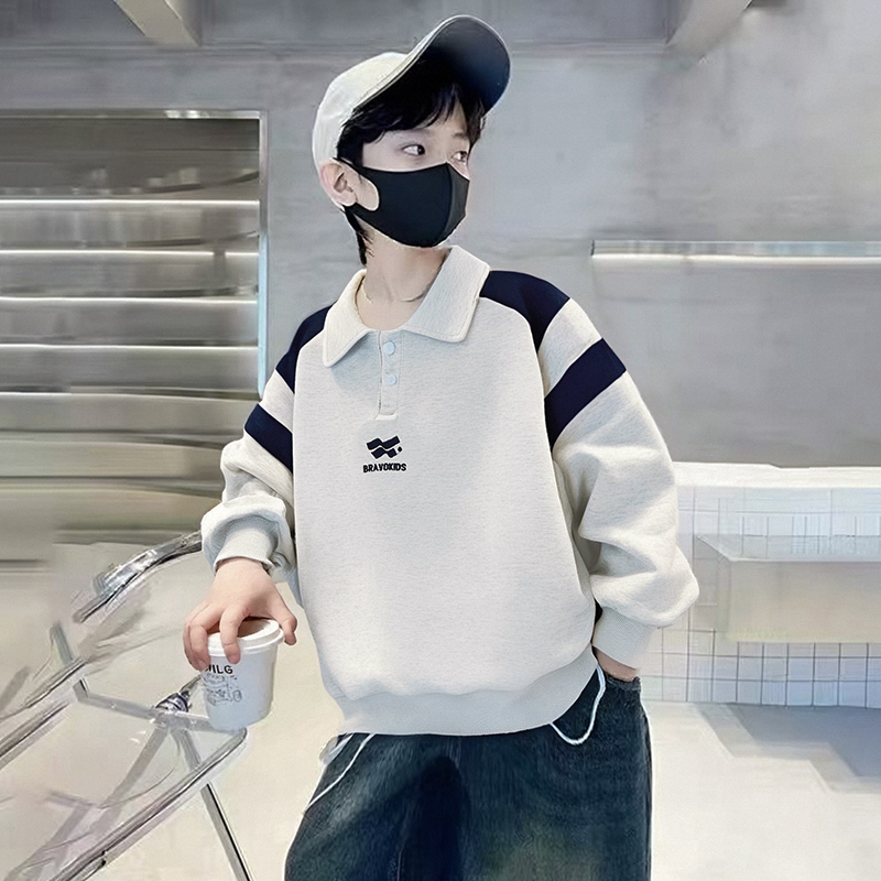 2025秋季新款撞色POLO中大童男韩版印花卫衣潮酷童装男孩春秋休闲