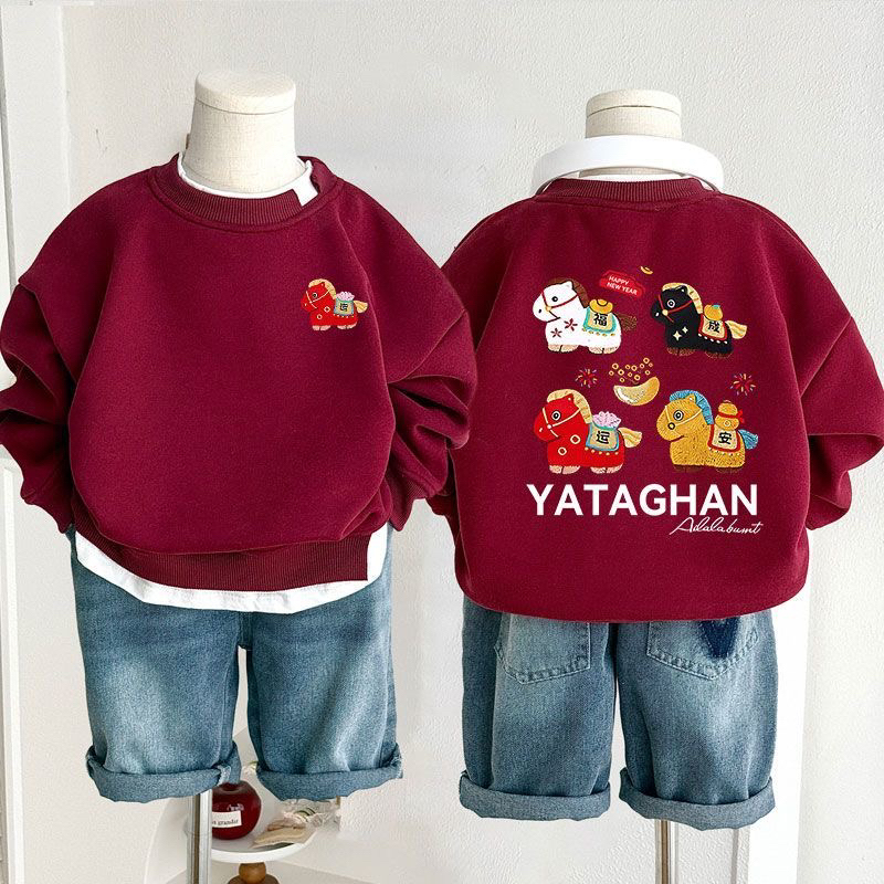 男女童儿童加绒卫衣红色马年中小童男女童宝宝亲子新年拜年服外套