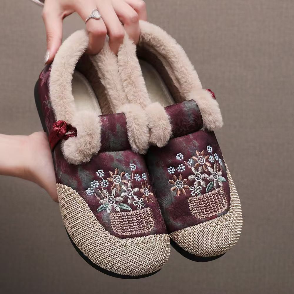 冬季老北京布鞋女棉鞋国风绣花平底一脚蹬毛毛鞋新中式保暖棉鞋子