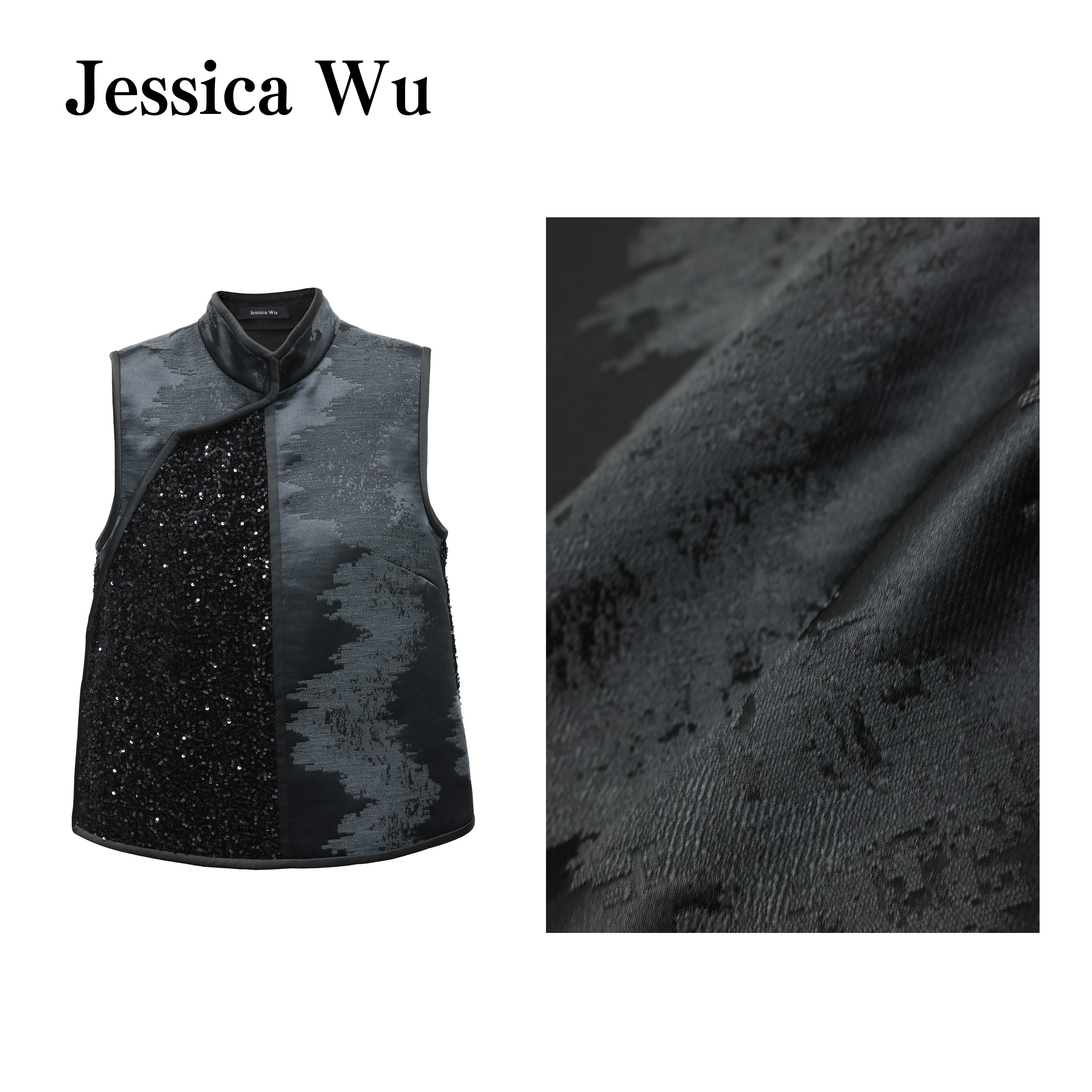 JESSICA WU又仙又美~国风新中式浮雕提花刺绣钉珠亮片立领马甲