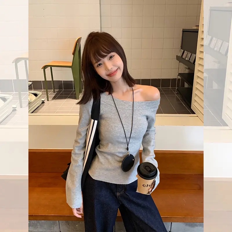 【现货】灰色简约露肩长袖针织衫女秋季修身显瘦辣妹短款打底上衣潮
