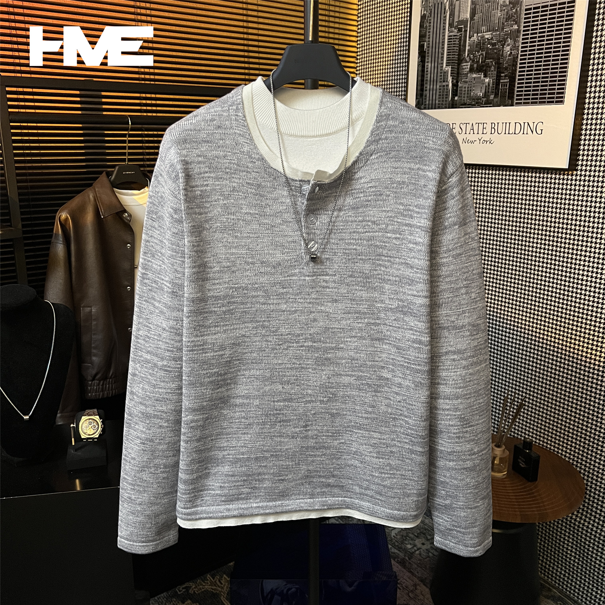 【HMEYAO】【撞色层次感针织衫】原创秋冬老钱风半开襟纽扣假两件毛衣