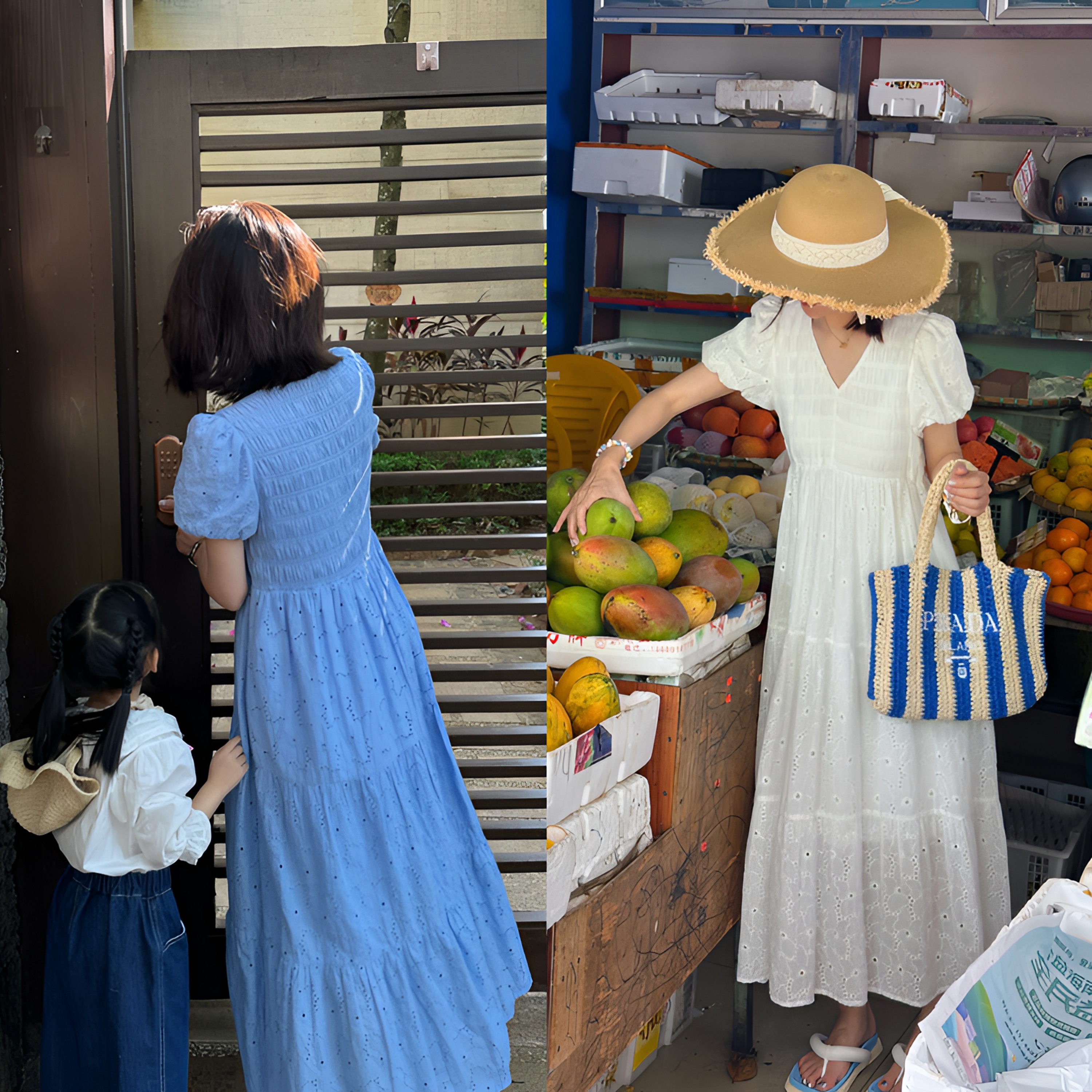 【蓝色瀑布】法式复古V领重工刺绣连衣裙打揽收腰显瘦度假裙子