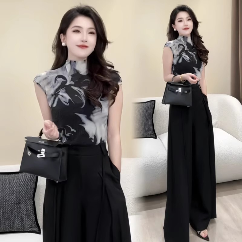 拉夏贝尔时尚套装女2025夏季新款半高领洋气小衫阔腿裤气质两件套