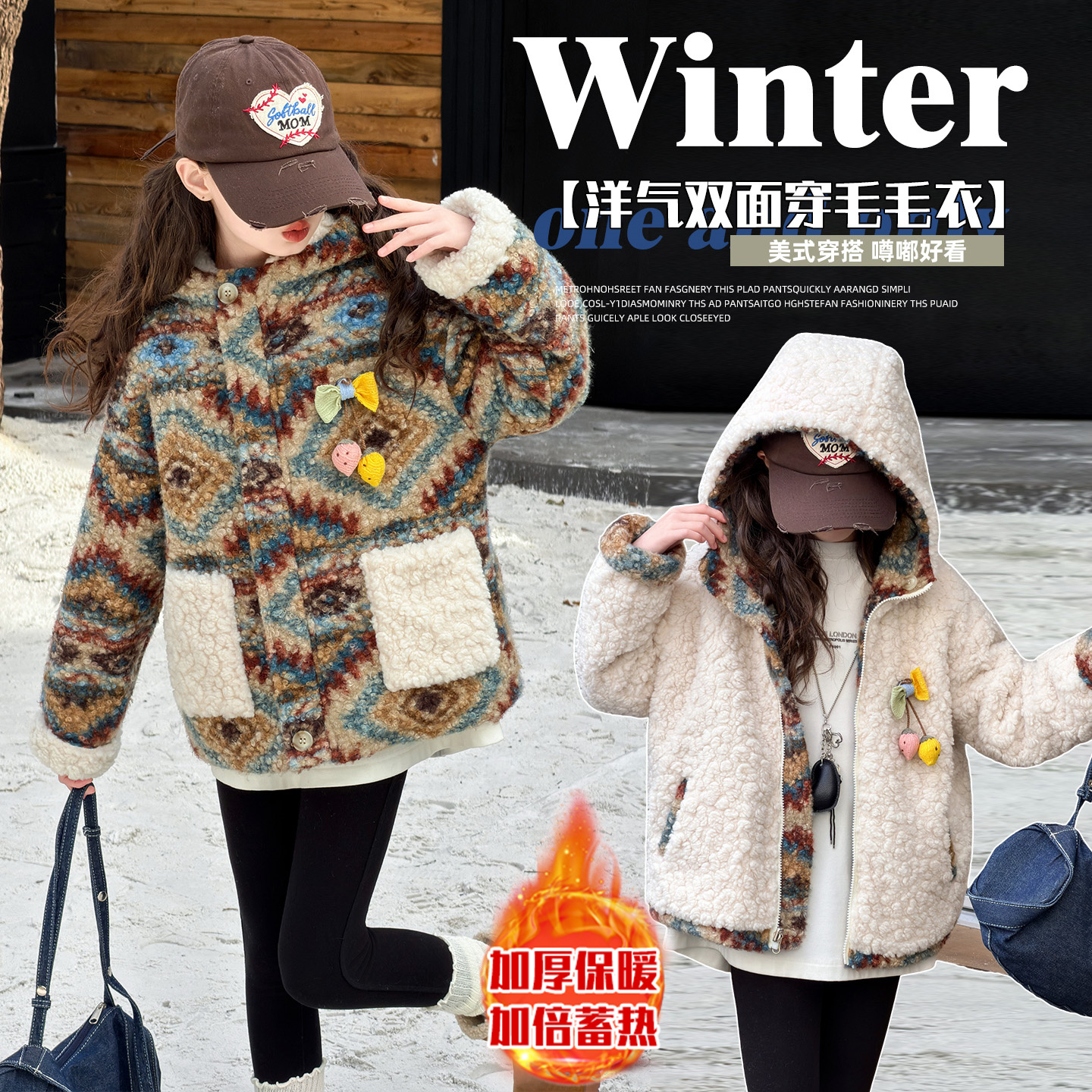 女童冬季加绒外套2025新款洋气两面穿毛毛衣大童夹棉加厚冬装上衣