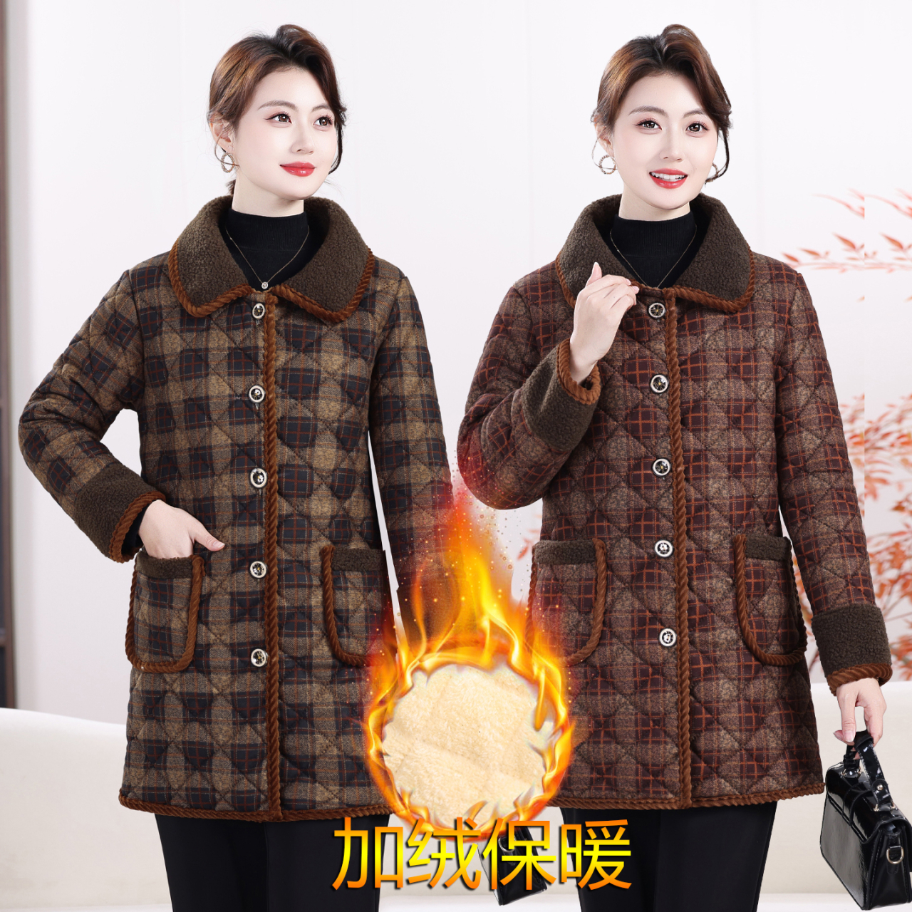 中长款加绒保暖棉袄外套女翻领中老年妈妈装冬季厚棉衣格子棉服