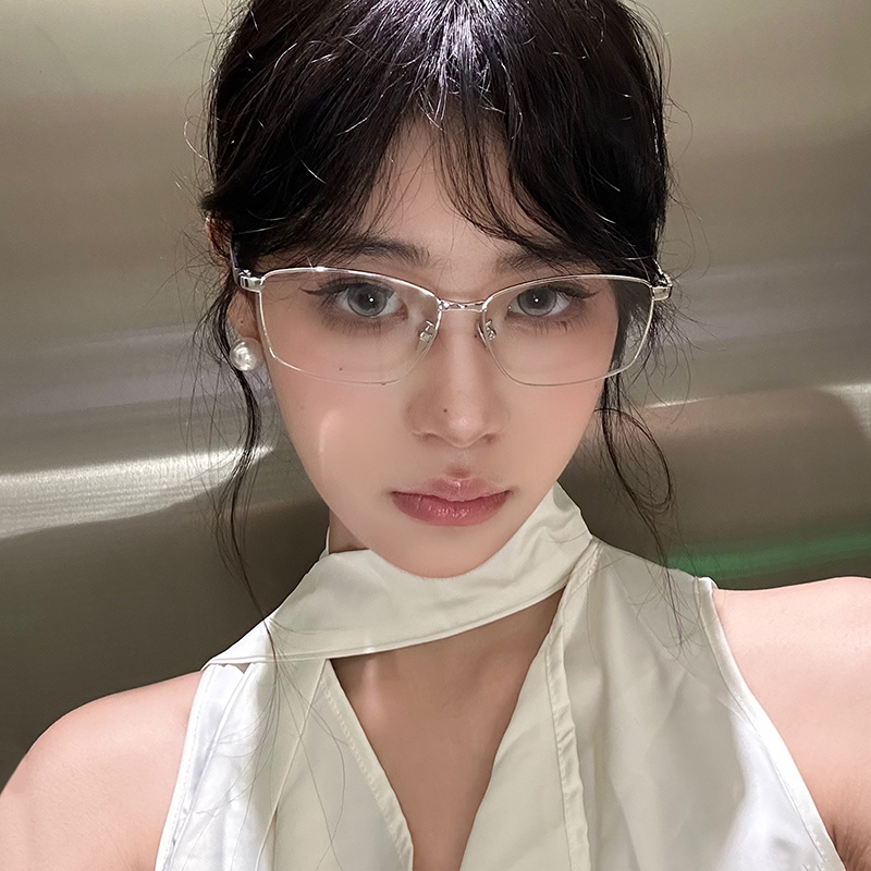 纯欲银框近视眼镜女高质感御姐韩系复古金属窄框素颜平光镜方圆脸