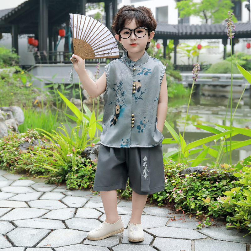 男童新中式国风唐装2025新款宝宝夏季背心套装儿童时髦坎肩两件套
