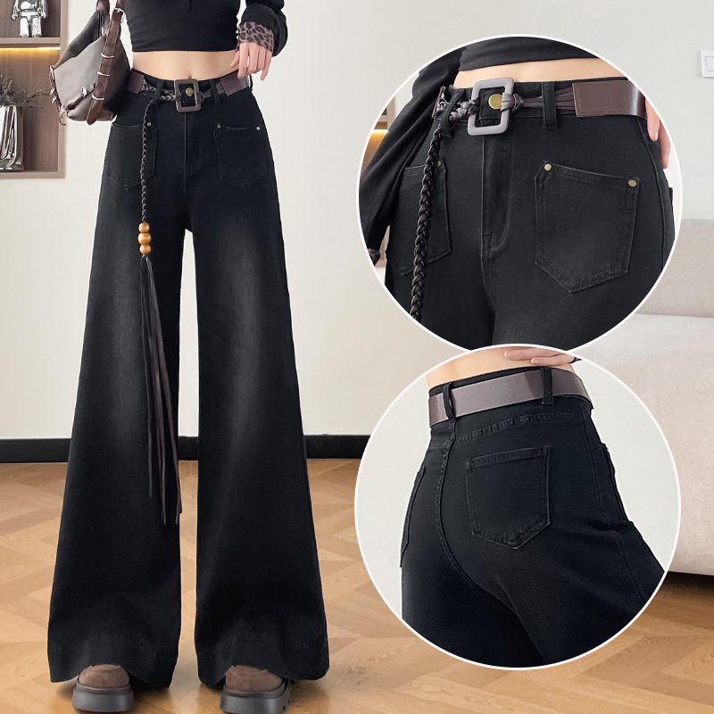 蜜蜜穿搭黑色弹力腰带喇叭牛仔裤女2025秋冬季宽松遮腿型阔腿裤子