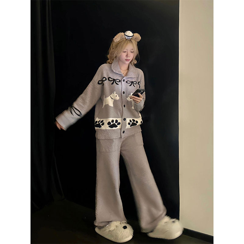 日系卡通小狗半边绒睡衣女秋冬季新款针织开衫保暖加厚家居服套装