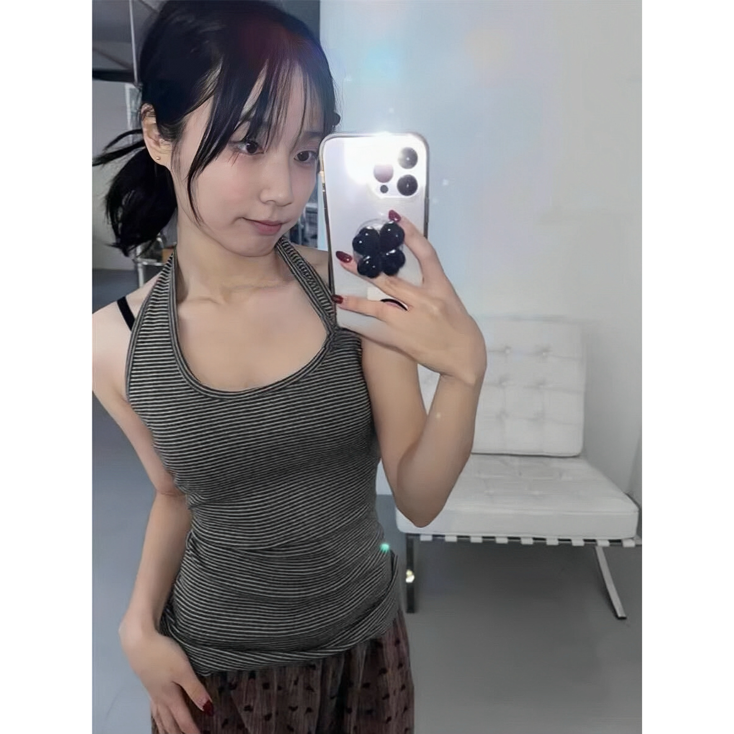 U领挂脖细条纹上衣修身新款性感吊带辣妹简约百搭打底修身背心女