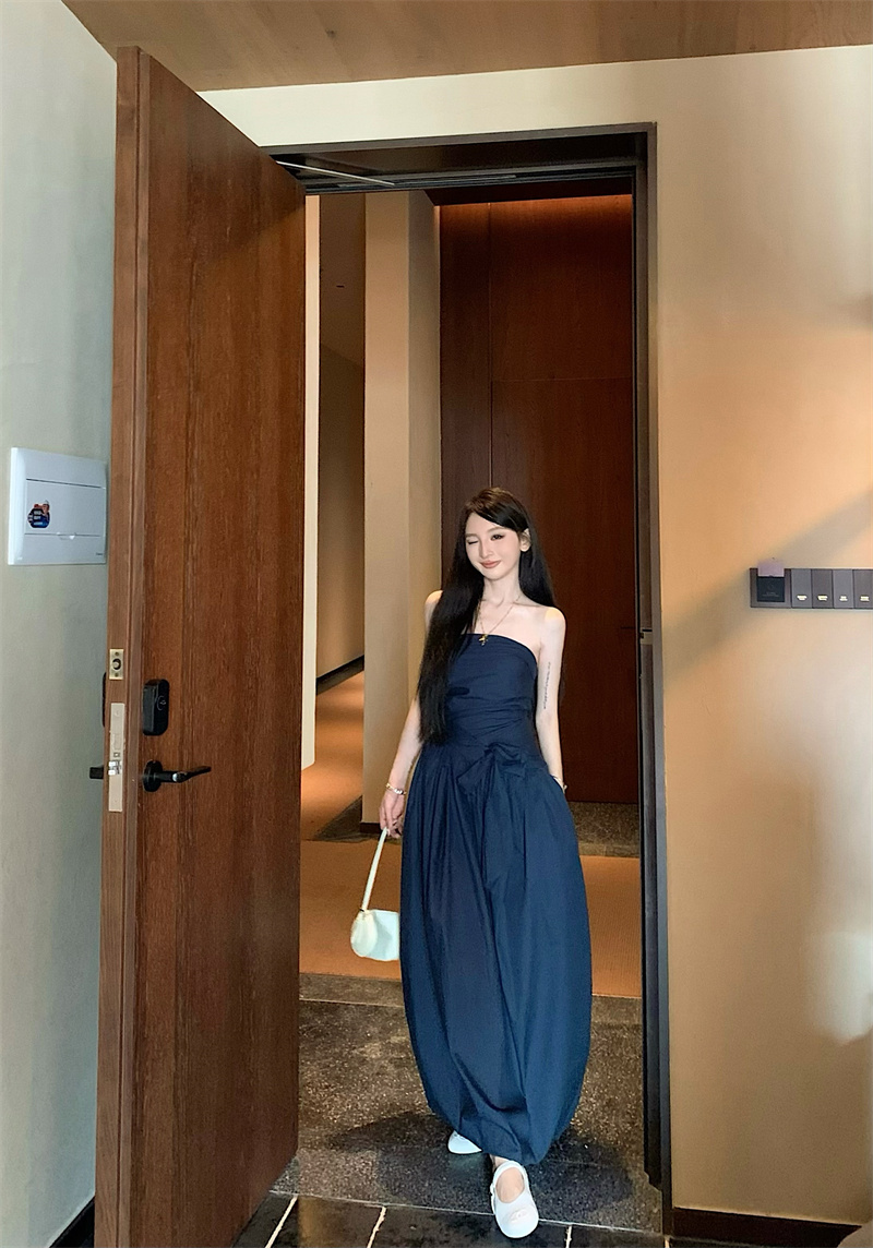 韩系抹胸连衣裙不规则绑带花苞长裙#A786