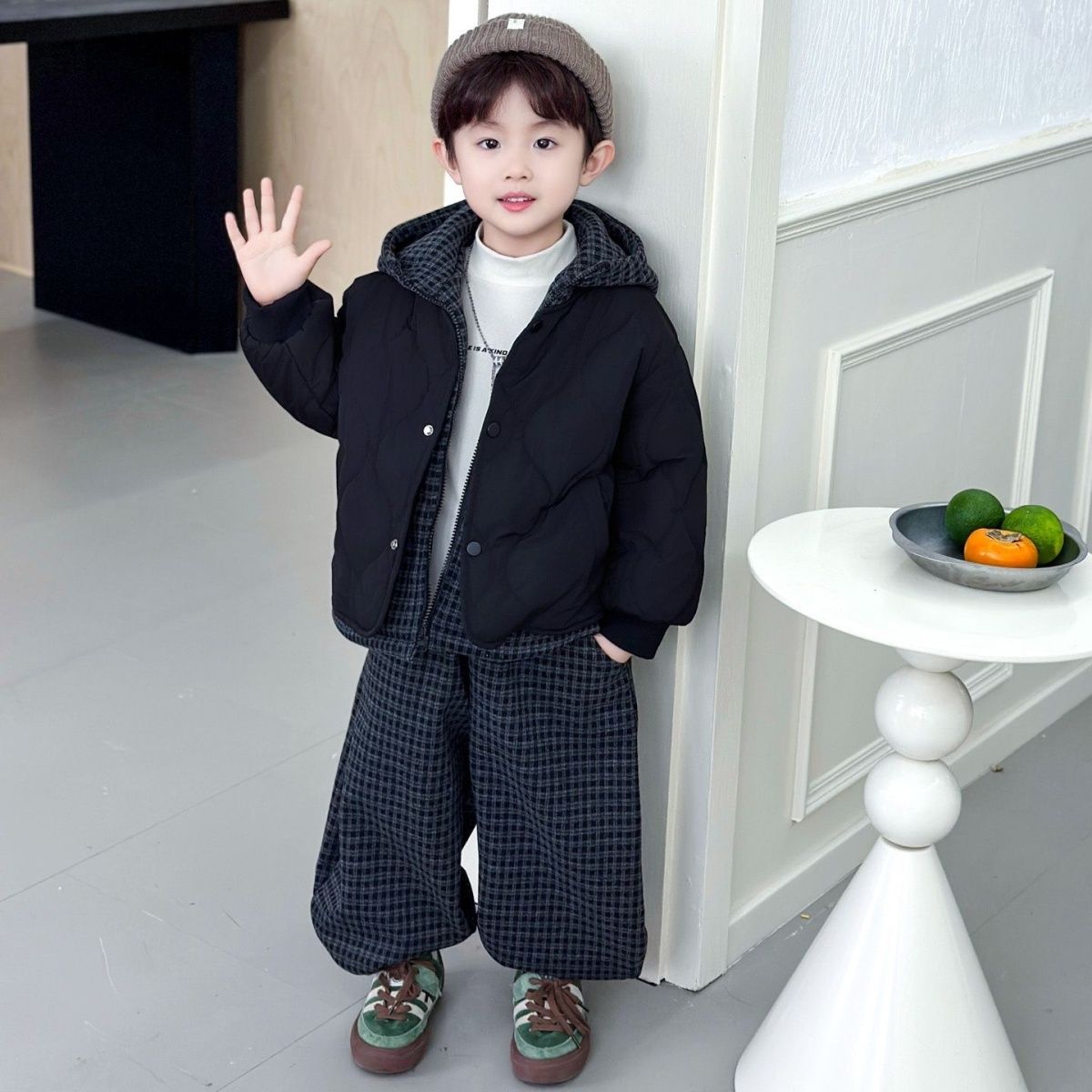 男童秋冬加绒套装2025新款儿童假两件棉衣外套时髦男孩裤子两件套