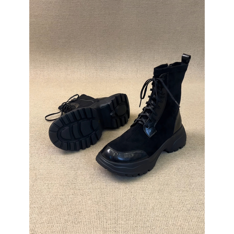 nnmiss·34-40/5.5cm简约复古圆头拼接绒面系带马丁靴百搭厚底短靴