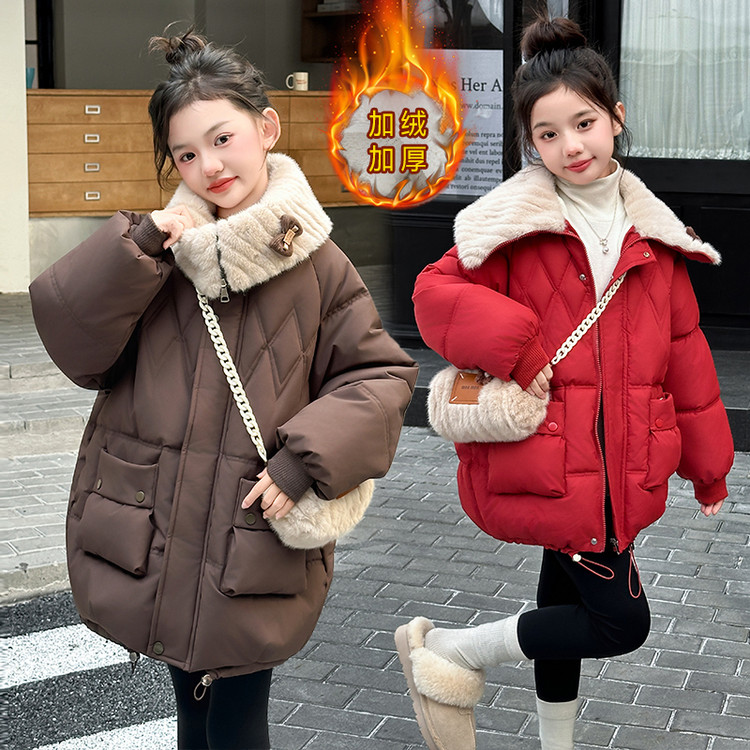 女童秋冬新款红色棉服洋气中大童新年拜年服时尚加厚翻领保暖外套