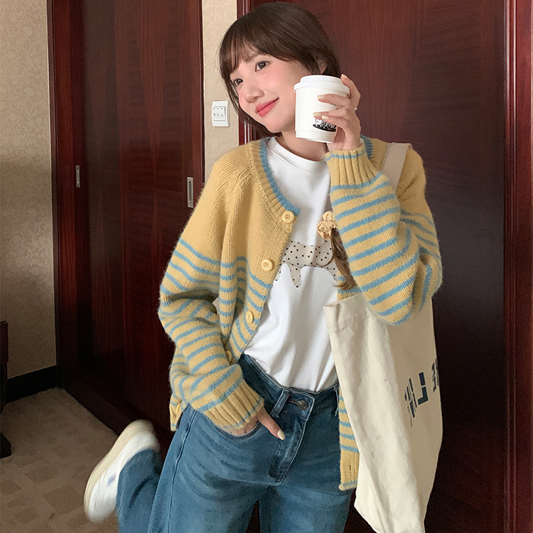 韩系复古条纹毛衣女2025新款秋冬加厚慵懒风软糯宽松针织开衫外套