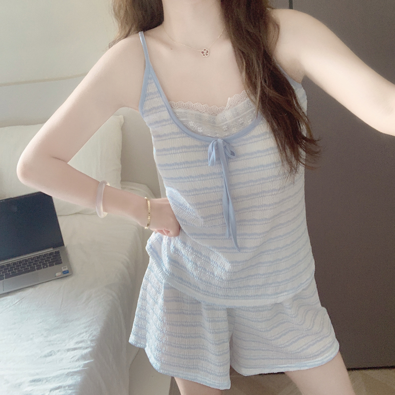 【带胸垫一体】吊带短裤睡衣女夏季2025新款蓝条纹云朵棉家居服套装