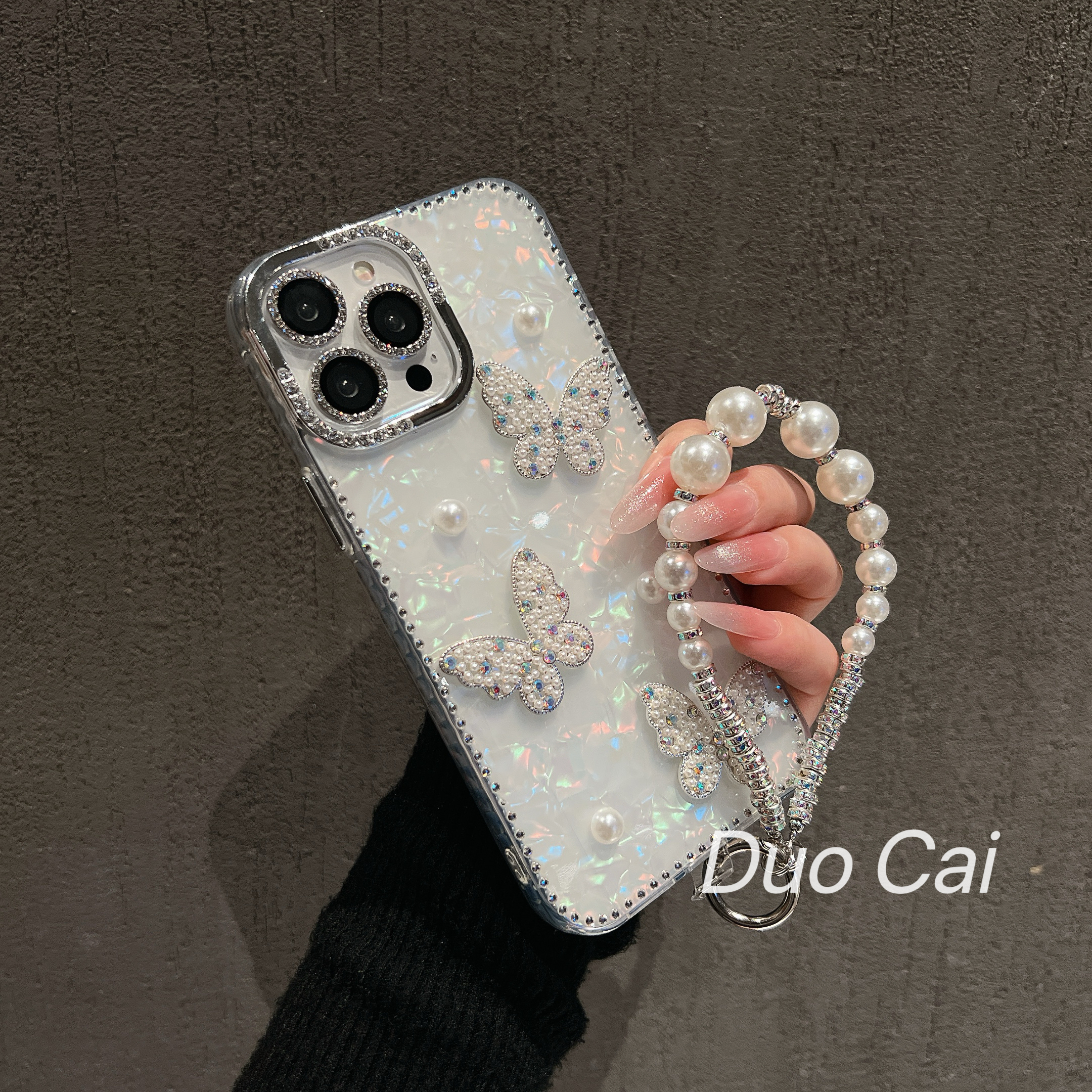 贝母纹蝴蝶闪钻边框适用于苹果17ProMax/16ProMax 15/14/13手机壳