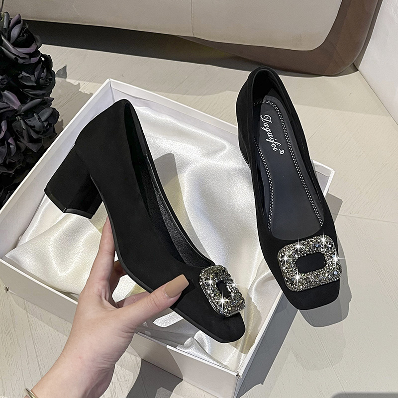 2025年新款洋气百搭浅口黑色高跟鞋气质软底方头粗跟单鞋中低跟鞋