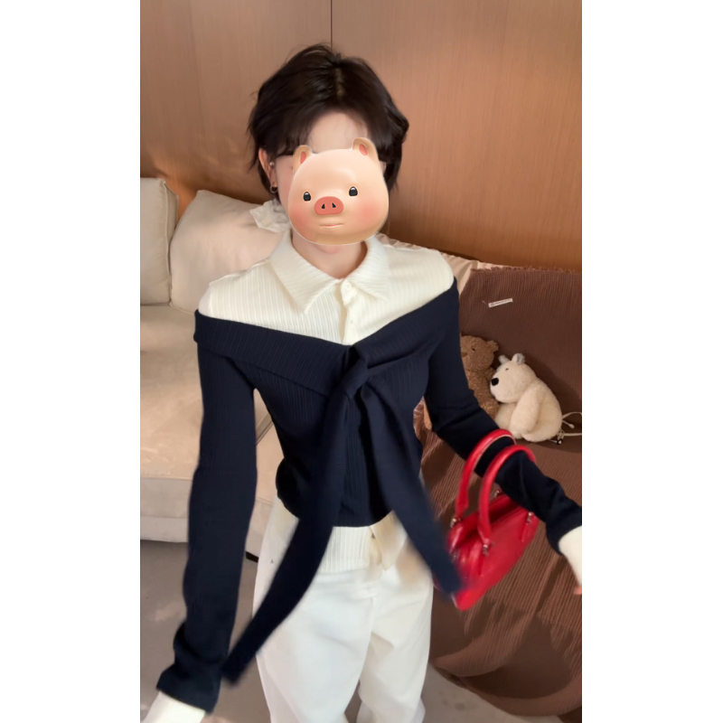 巨好看的撞色拼接假两件polo领绑带长袖T恤女设计感早秋chic上衣