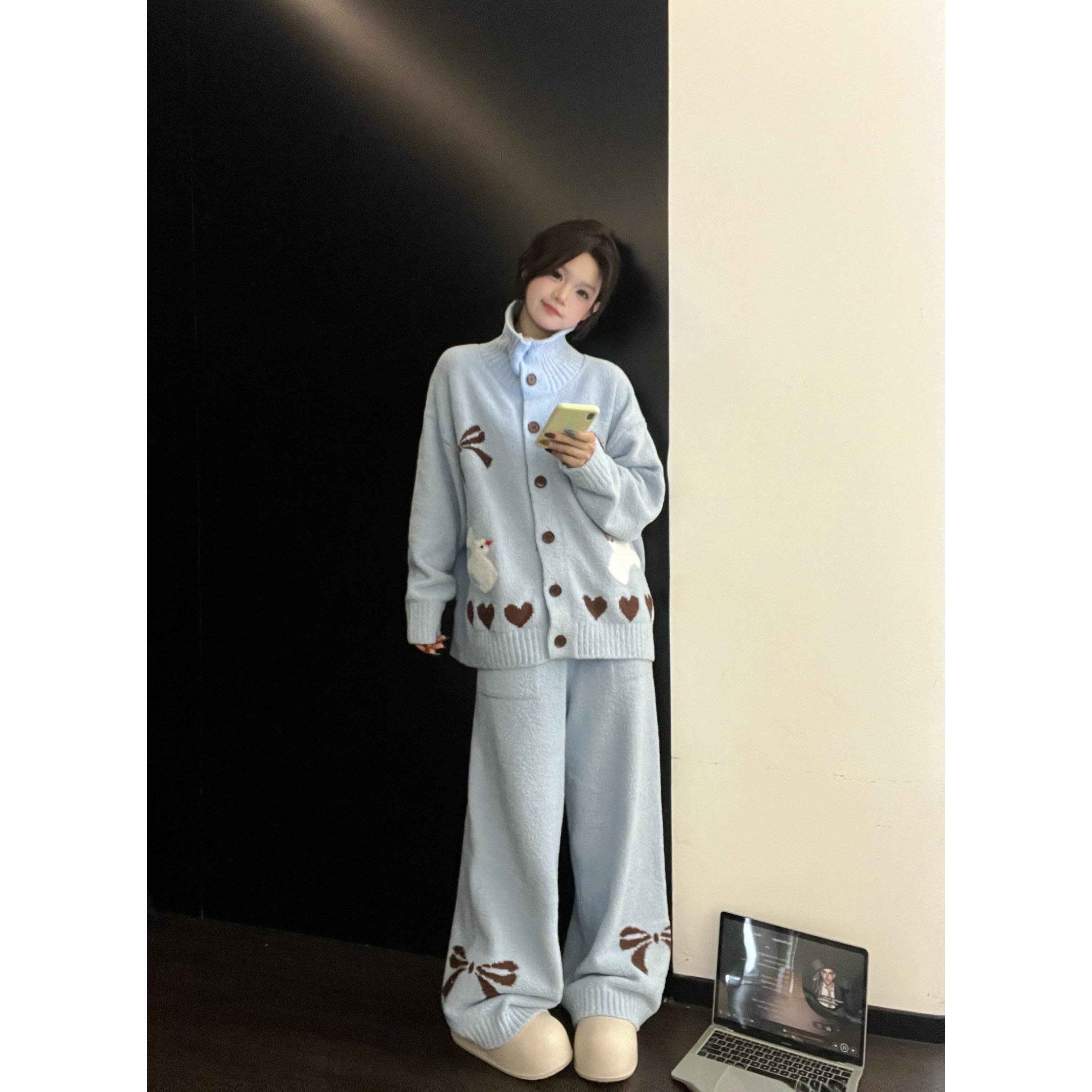 秋冬新款针织白鸽半边绒睡衣女2025加厚保暖长袖长裤家居服可外穿
