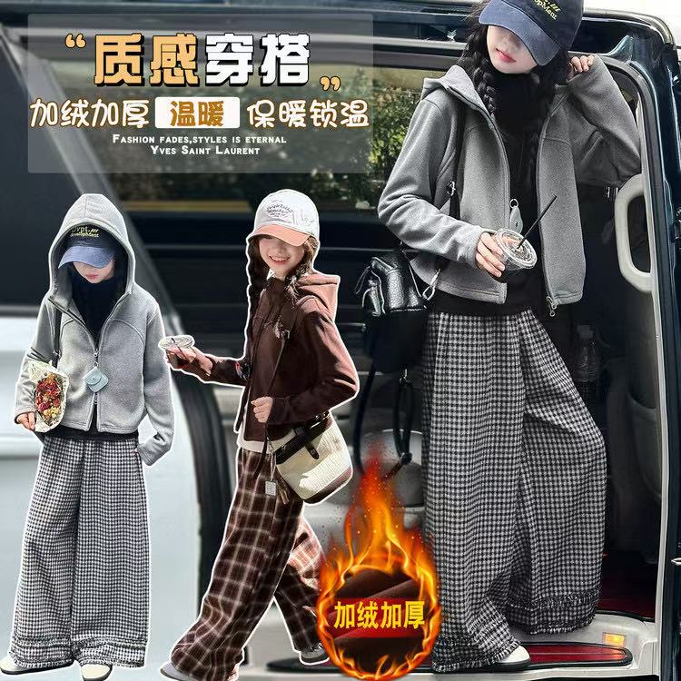 女童一体绒连帽外套秋冬女孩修身双拉链运动开衫瑜伽服休闲夹克衫