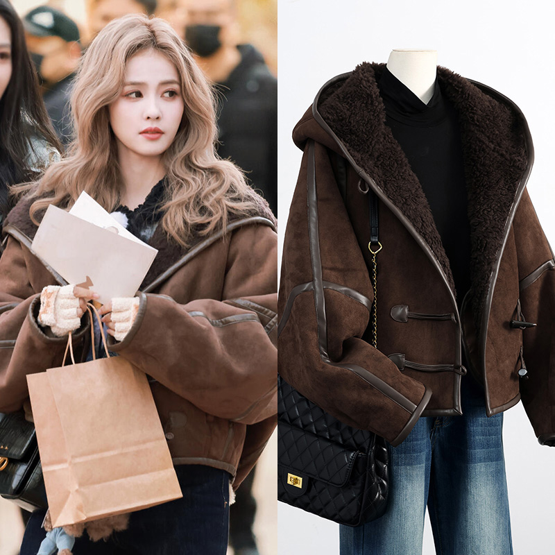 Miss Judy奔跑吧白鹿同款牛角扣连帽外套设计感上衣羊羔毛毛上衣