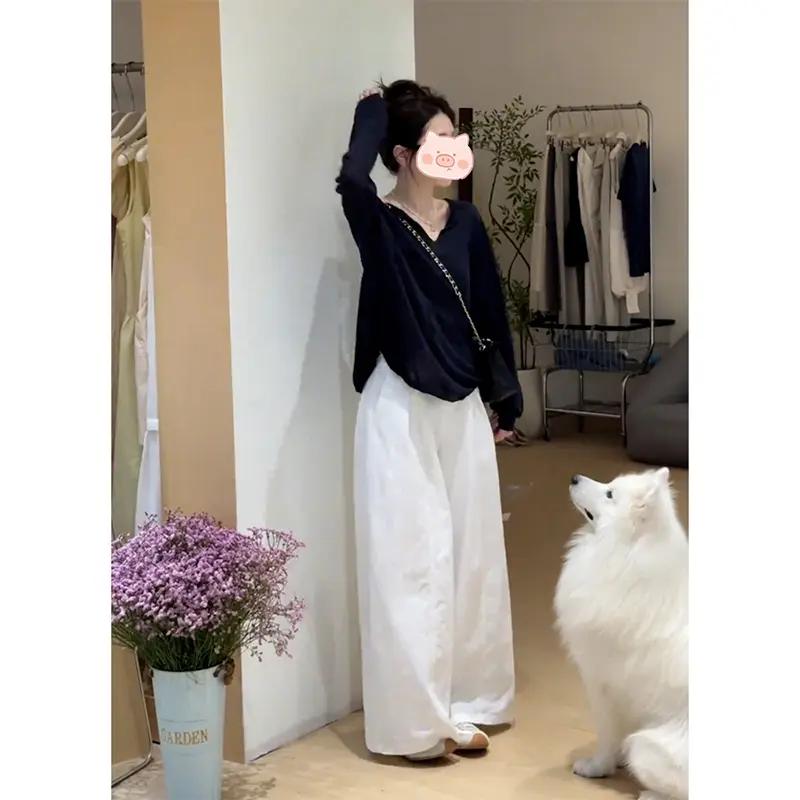 时尚百搭早秋穿搭一整套v领设计上衣+高腰遮肉显瘦休闲裤两件套女